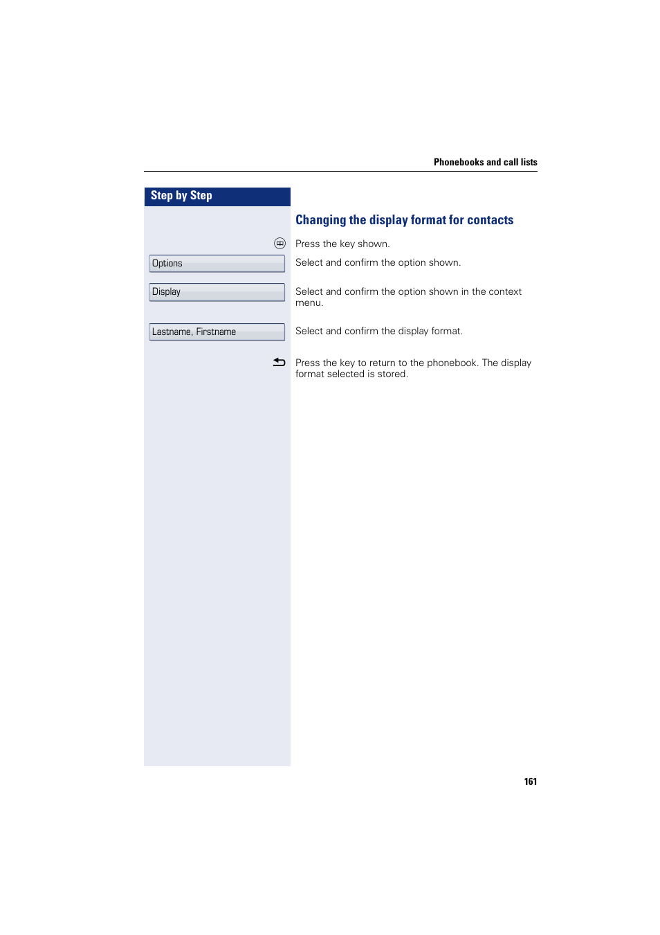 Changing the display format for contacts | Siemens HIPATH 8000 User Manual | Page 161 / 297