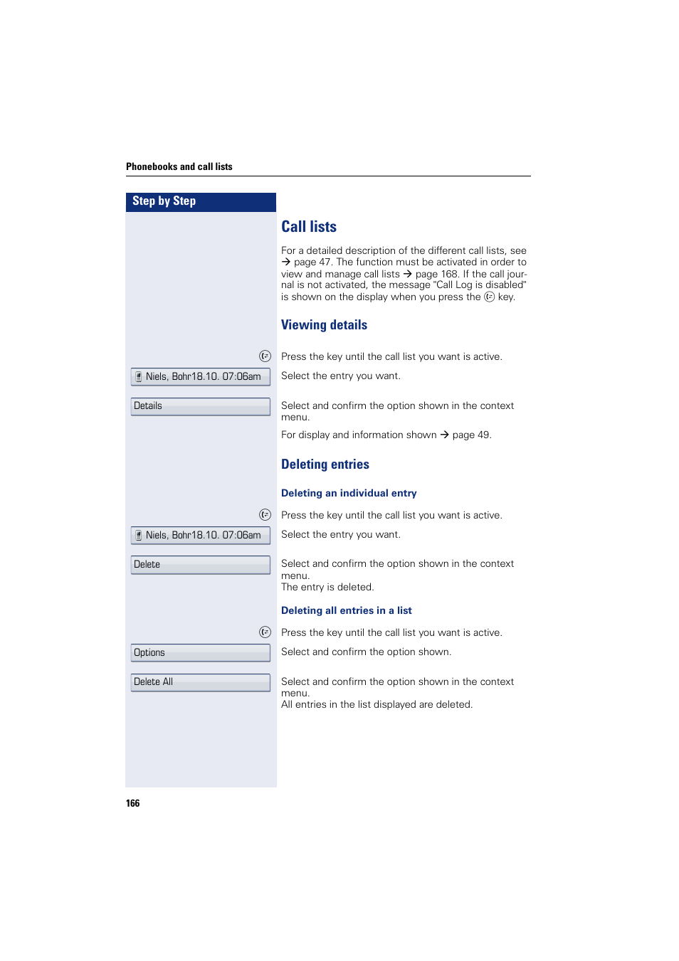 Call lists, Viewing details deleting entries, Delete all | Entry, Viewing details, Deleting entries | Siemens HIPATH 8000 User Manual | Page 166 / 297