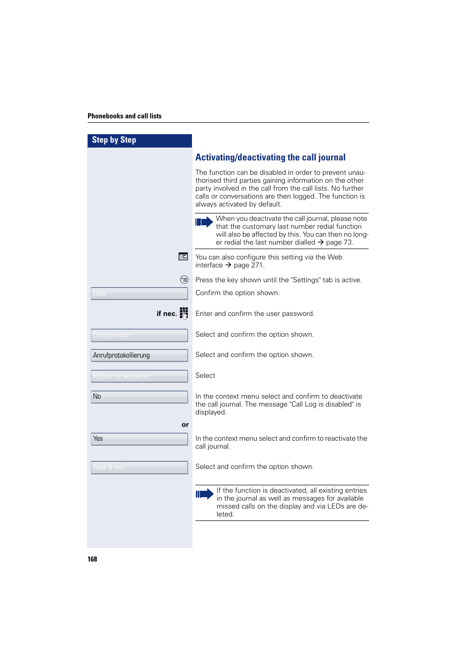 Activating/deactivating the call journal, Call journal is disabled, L lists | Siemens HIPATH 8000 User Manual | Page 168 / 297