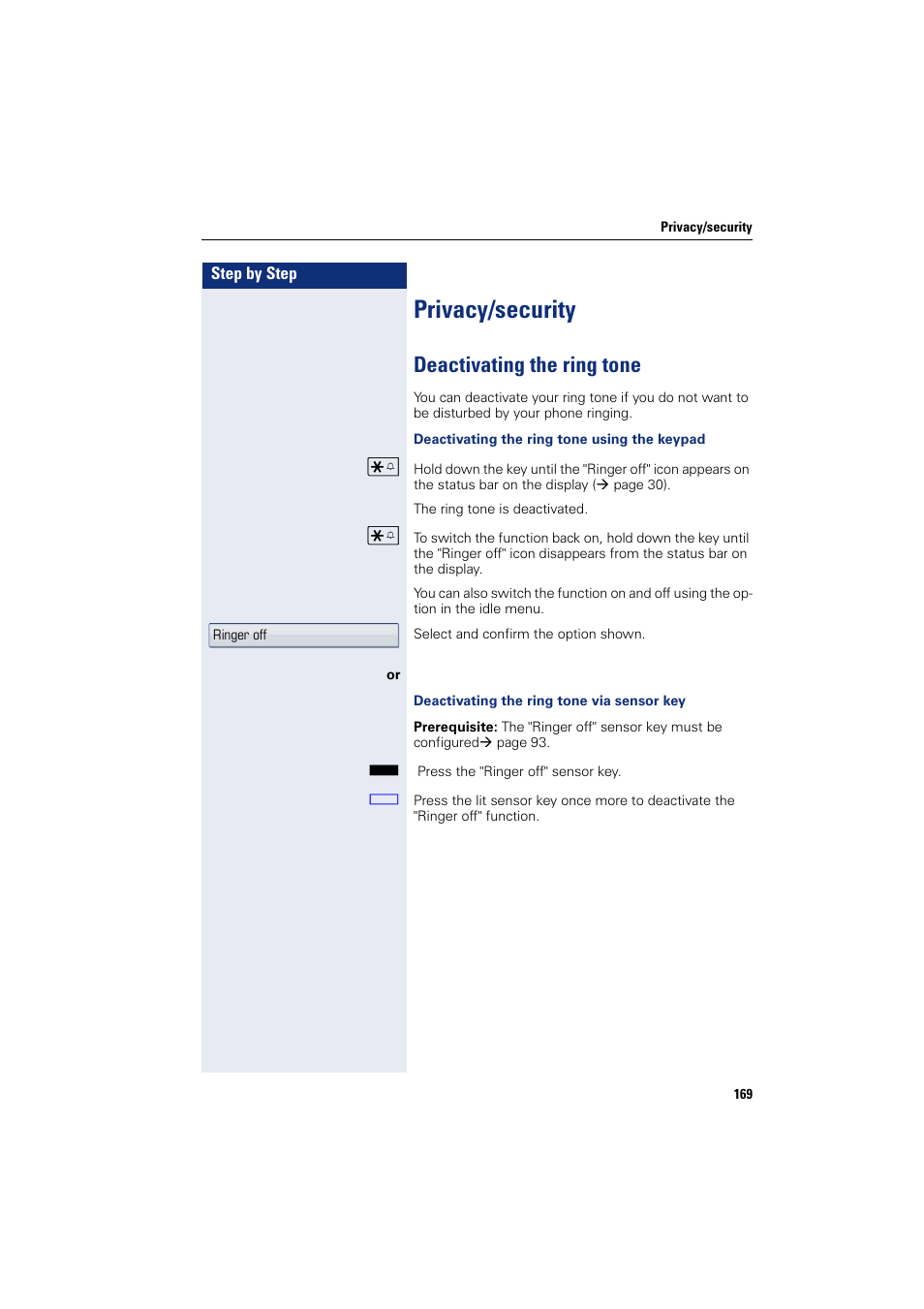 Privacy/security, Deactivating the ring tone | Siemens HIPATH 8000 User Manual | Page 169 / 297