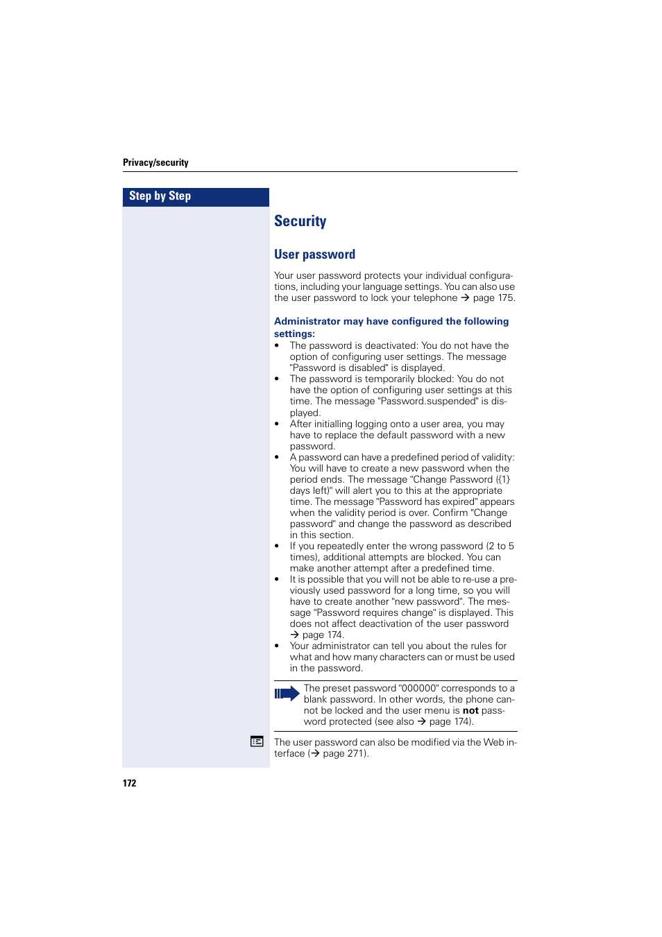 Security, User password | Siemens HIPATH 8000 User Manual | Page 172 / 297