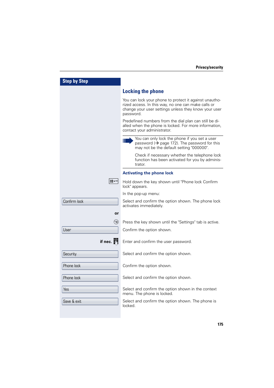 Locking the phone, Phone | Siemens HIPATH 8000 User Manual | Page 175 / 297