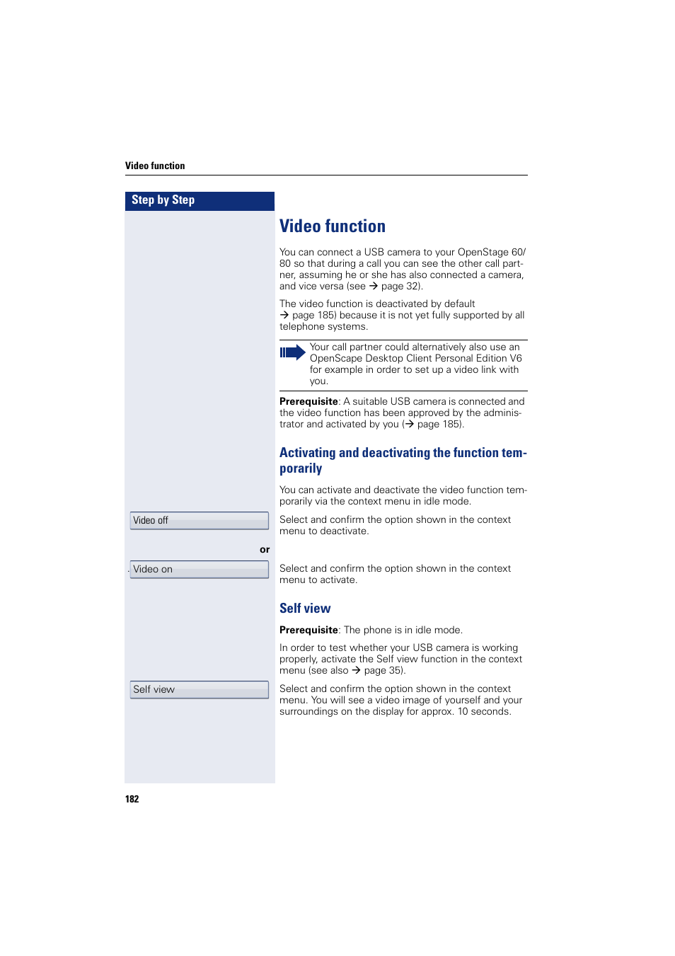 Video function, Self view, Function | Siemens HIPATH 8000 User Manual | Page 182 / 297