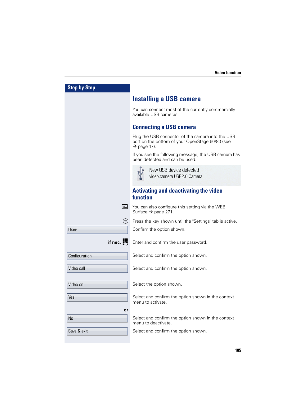 Installing a usb camera, Connecting a usb camera, Activating and deactivating the video function | Siemens HIPATH 8000 User Manual | Page 185 / 297