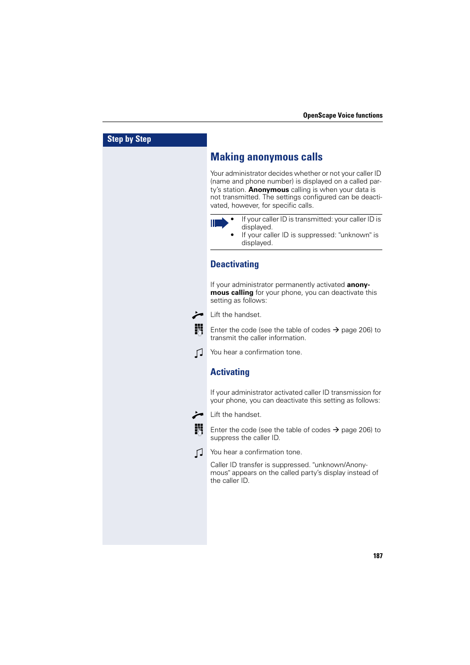 Making anonymous calls, Deactivating activating, Deactivating | Activating | Siemens HIPATH 8000 User Manual | Page 187 / 297