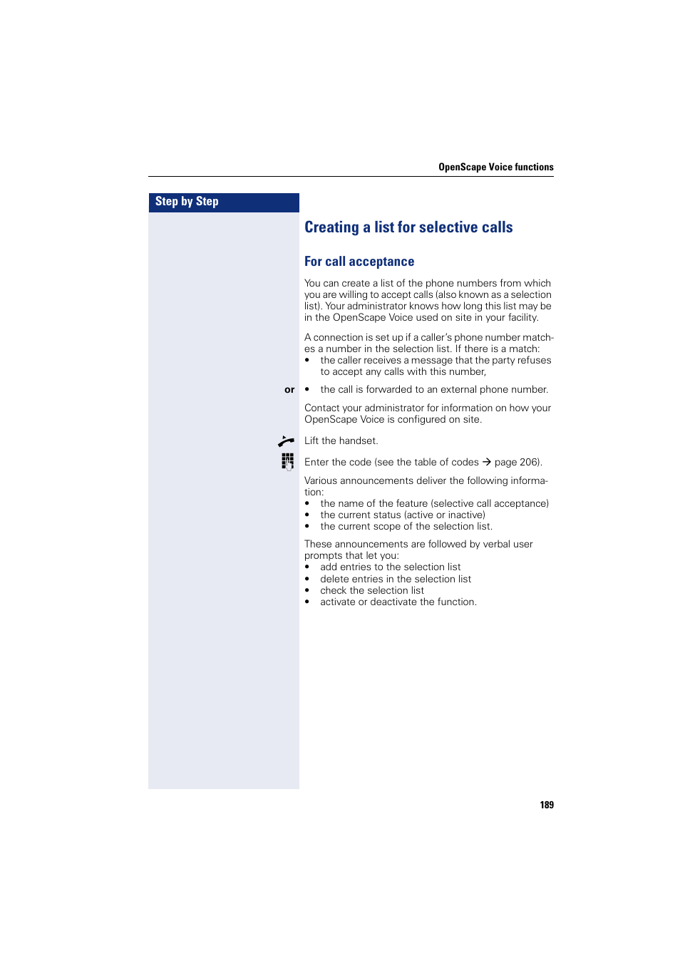 Creating a list for selective calls, For call acceptance | Siemens HIPATH 8000 User Manual | Page 189 / 297