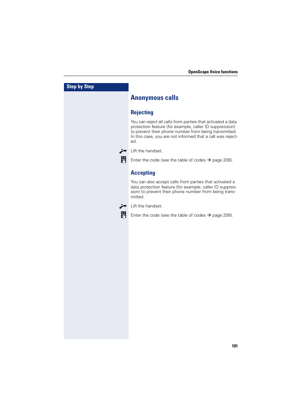 Anonymous calls, Rejecting, Accepting | Rejecting accepting | Siemens HIPATH 8000 User Manual | Page 191 / 297