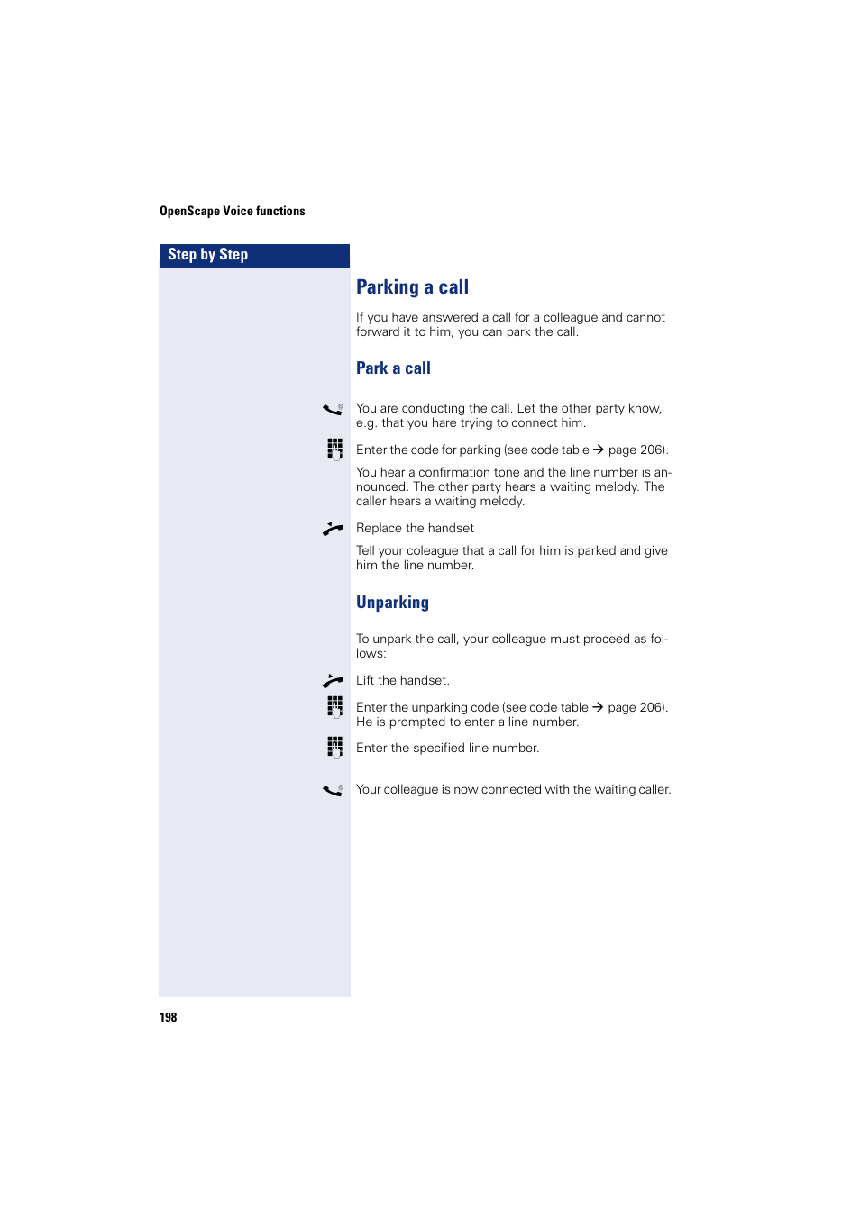 Parking a call, Park a call, Unparking | Park a call unparking | Siemens HIPATH 8000 User Manual | Page 198 / 297