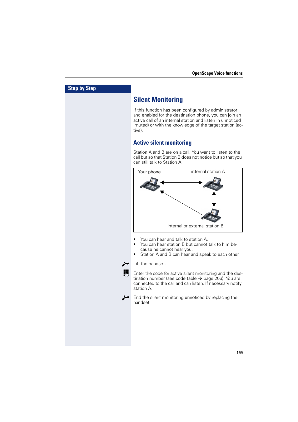 Silent monitoring, Active silent monitoring | Siemens HIPATH 8000 User Manual | Page 199 / 297