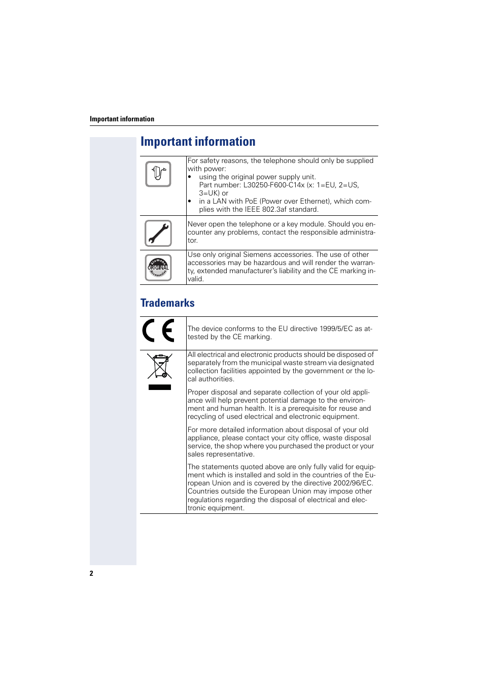 Important information, Trademarks | Siemens HIPATH 8000 User Manual | Page 2 / 297