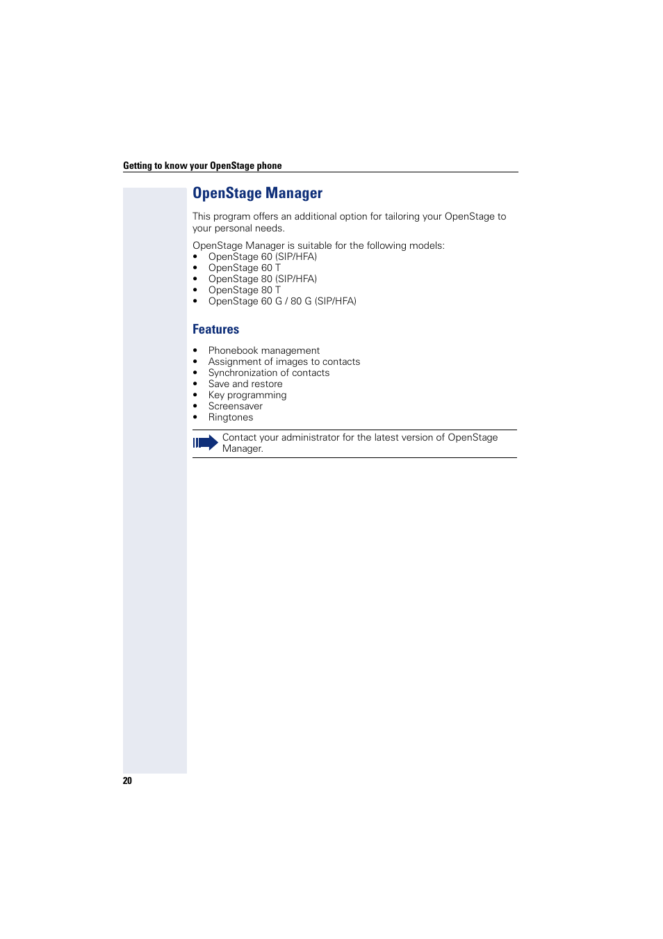 Openstage manager, Features | Siemens HIPATH 8000 User Manual | Page 20 / 297