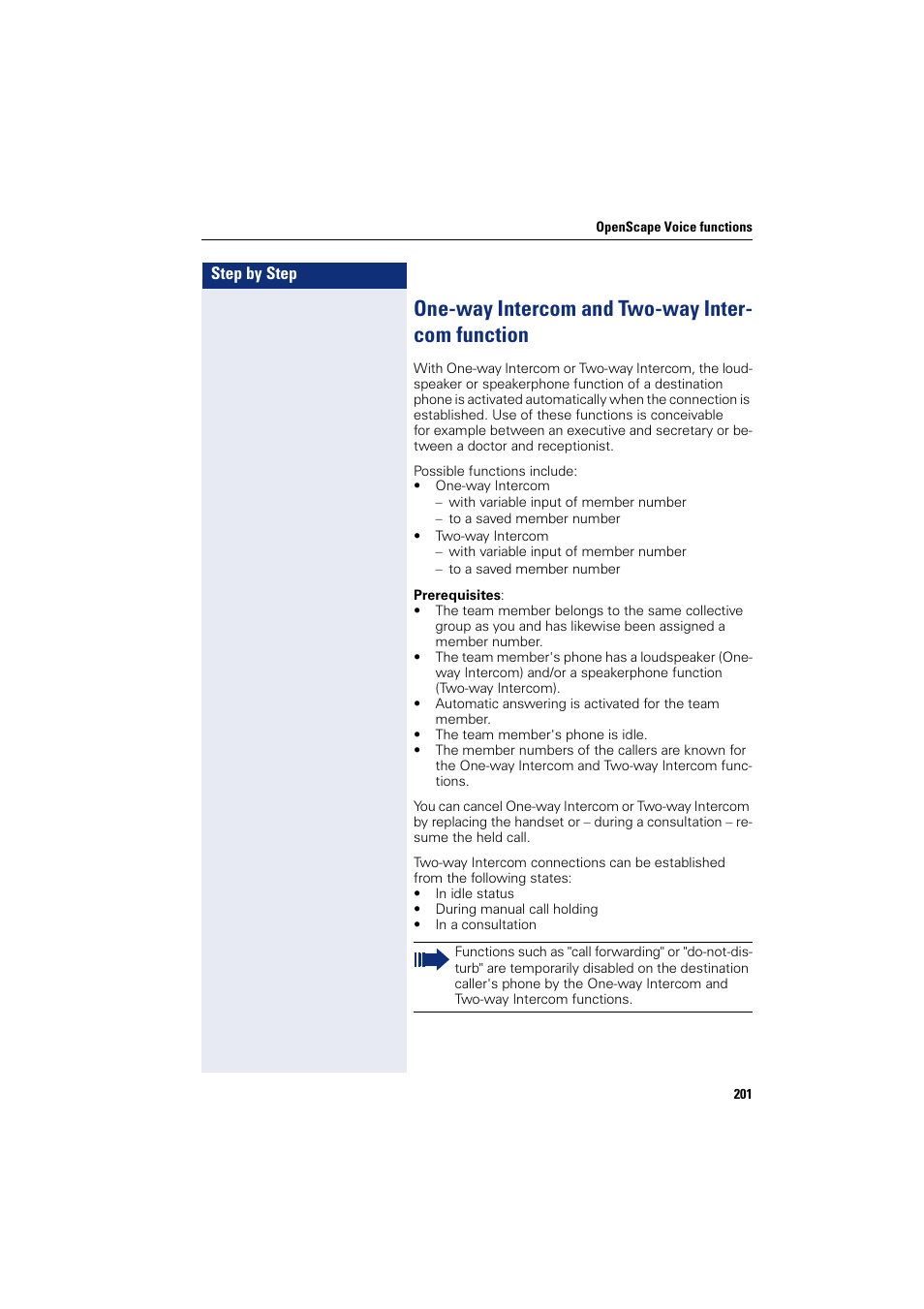 One-way intercom and two-way intercom function, One-way intercom and two-way inter- com function | Siemens HIPATH 8000 User Manual | Page 201 / 297