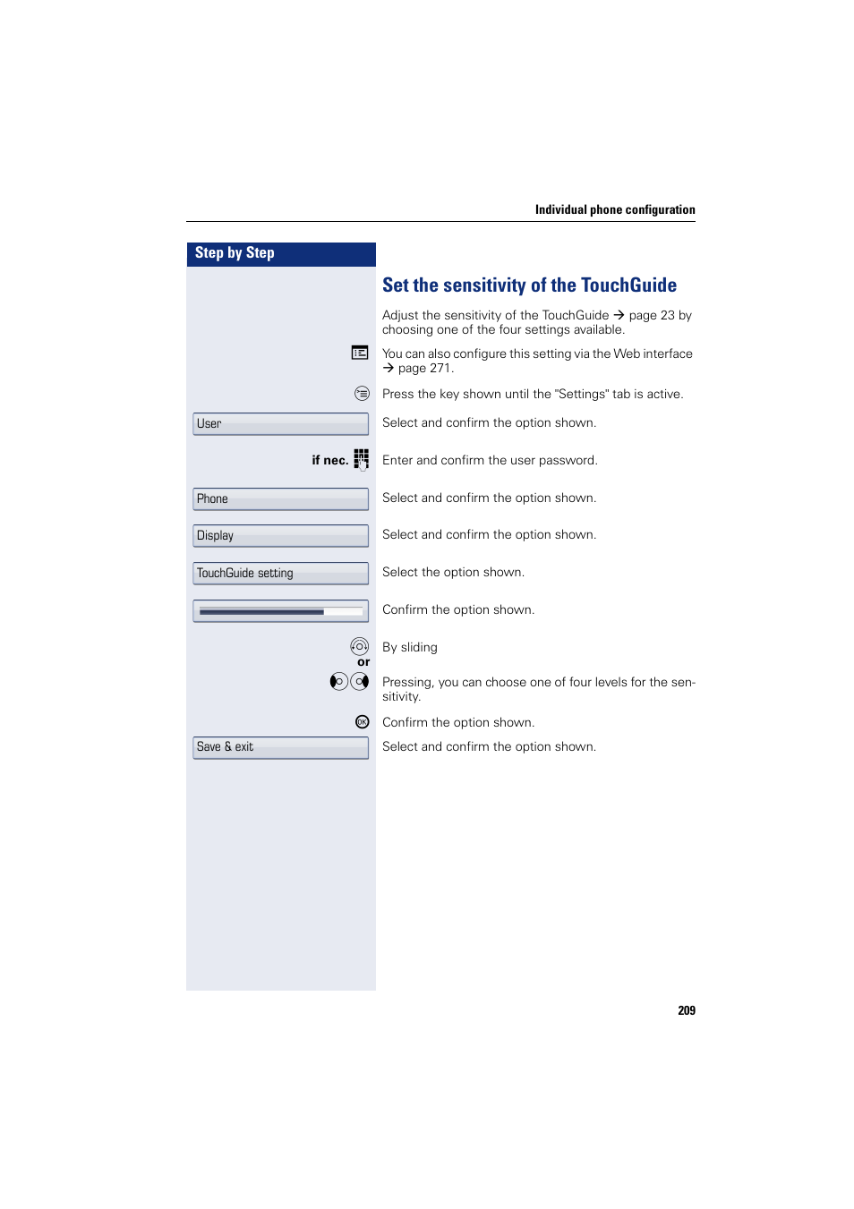 Set the sensitivity of the touchguide | Siemens HIPATH 8000 User Manual | Page 209 / 297