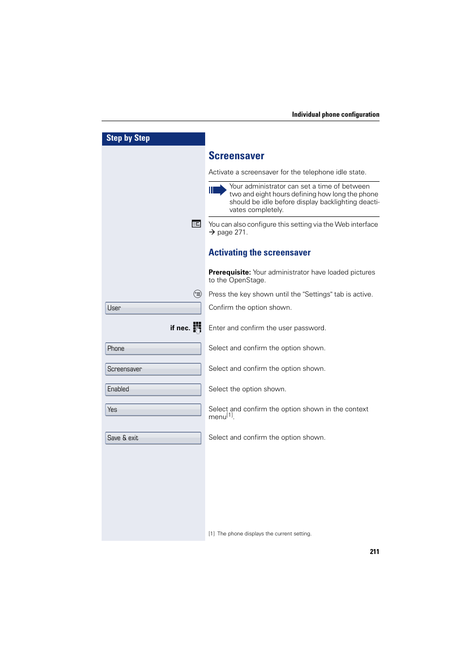 Screensaver, Activating the screensaver | Siemens HIPATH 8000 User Manual | Page 211 / 297