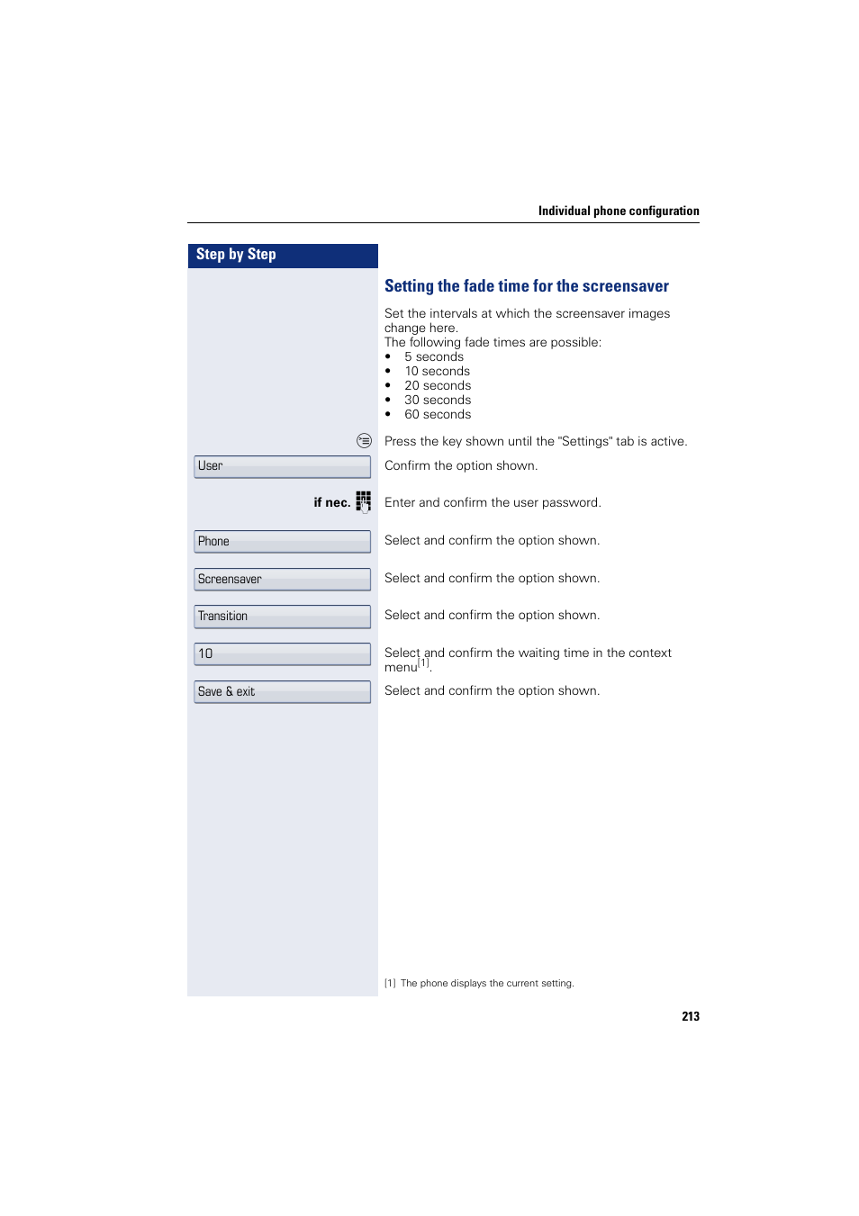 Setting the fade time for the screensaver | Siemens HIPATH 8000 User Manual | Page 213 / 297