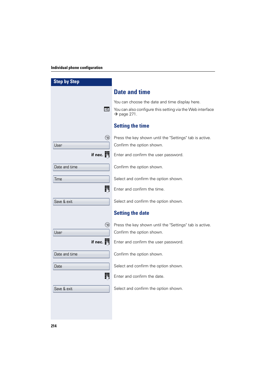 Date and time, Setting the date, Setting the time setting the date | Telephone, Setting the time | Siemens HIPATH 8000 User Manual | Page 214 / 297