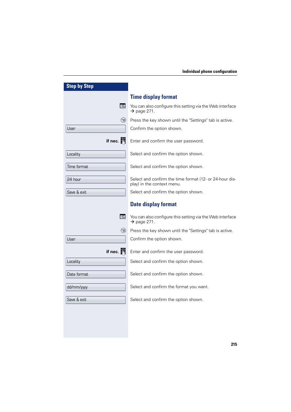 Time display format, Date display format, Time display format date display format | Siemens HIPATH 8000 User Manual | Page 215 / 297