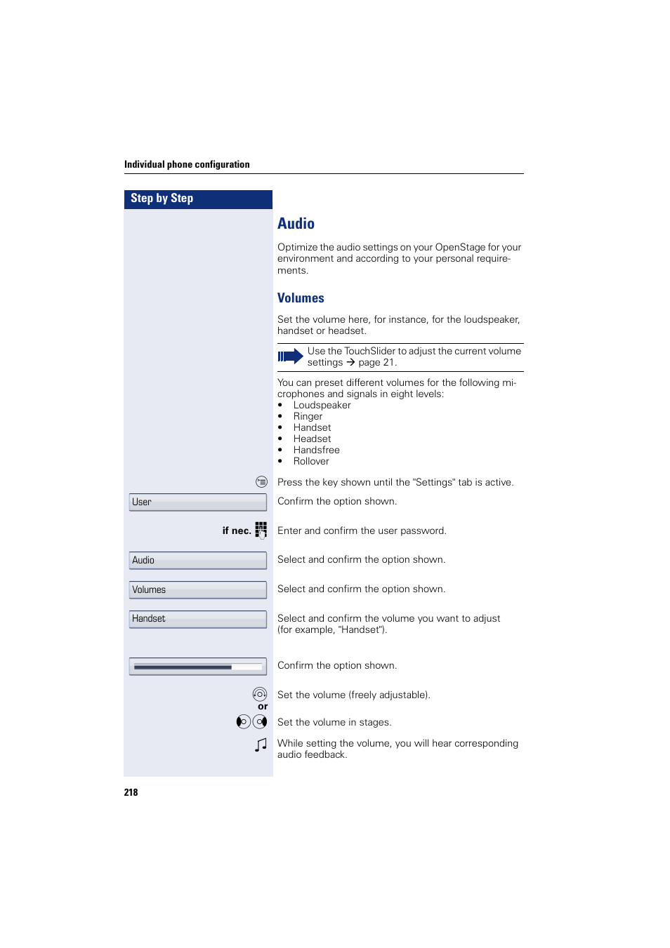 Audio, Volumes, Telephone | Siemens HIPATH 8000 User Manual | Page 218 / 297