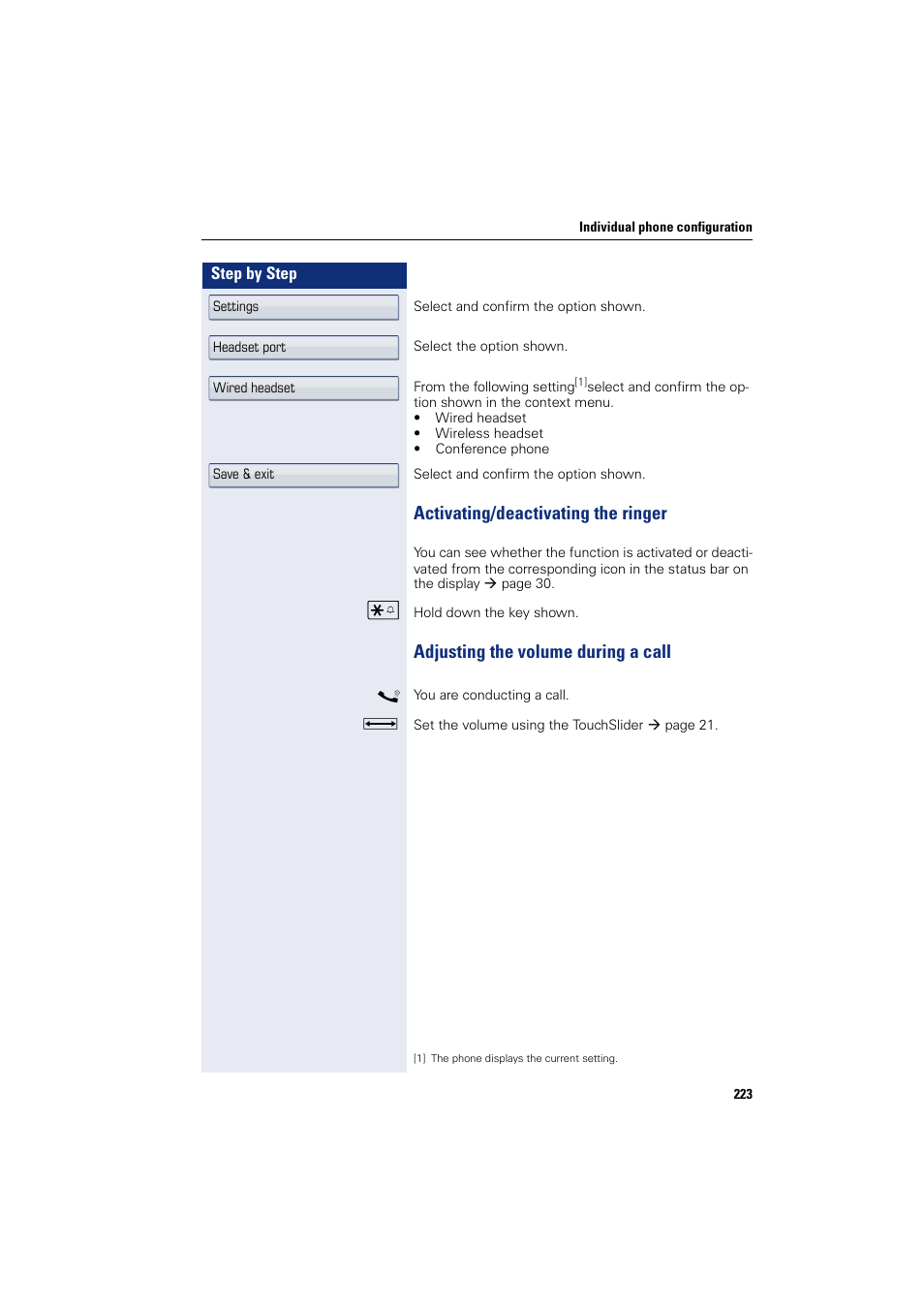 Activating/deactivating the ringer, Adjusting the volume during a call | Siemens HIPATH 8000 User Manual | Page 223 / 297