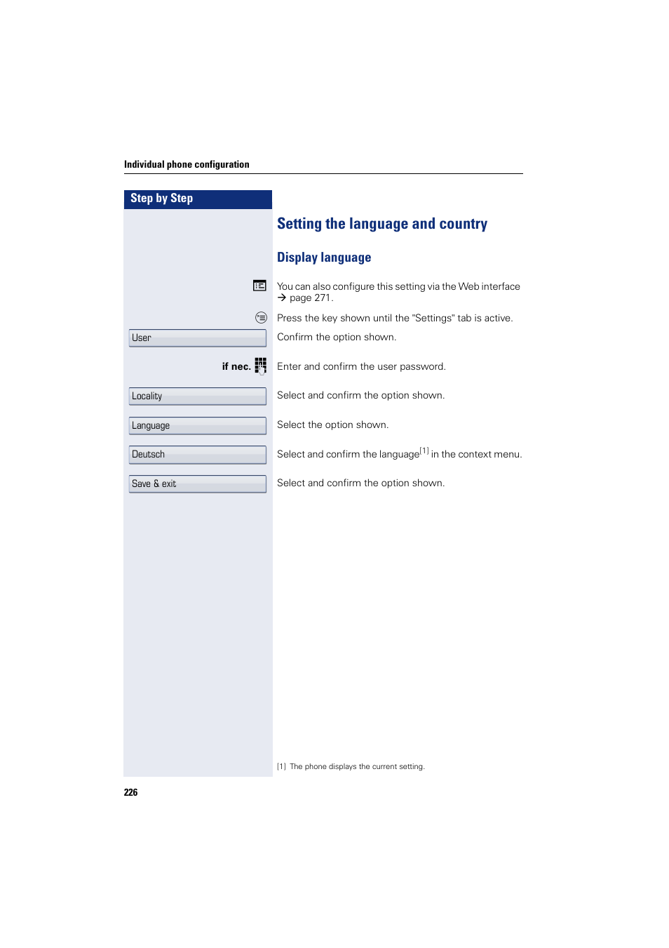 Setting the language and country, Display language | Siemens HIPATH 8000 User Manual | Page 226 / 297