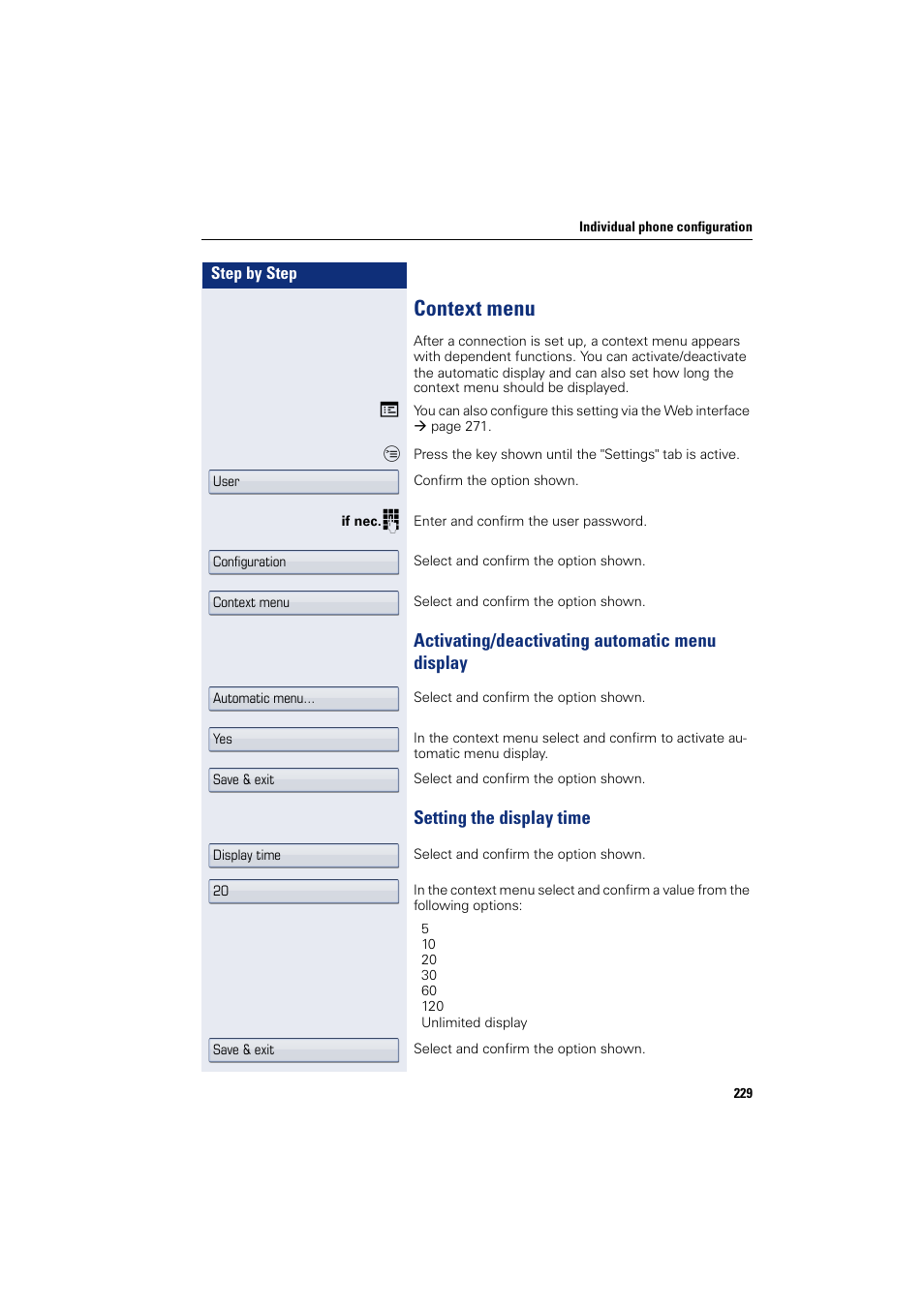 Context menu, Activating/deactivating automatic menu display, Setting the display time | Siemens HIPATH 8000 User Manual | Page 229 / 297