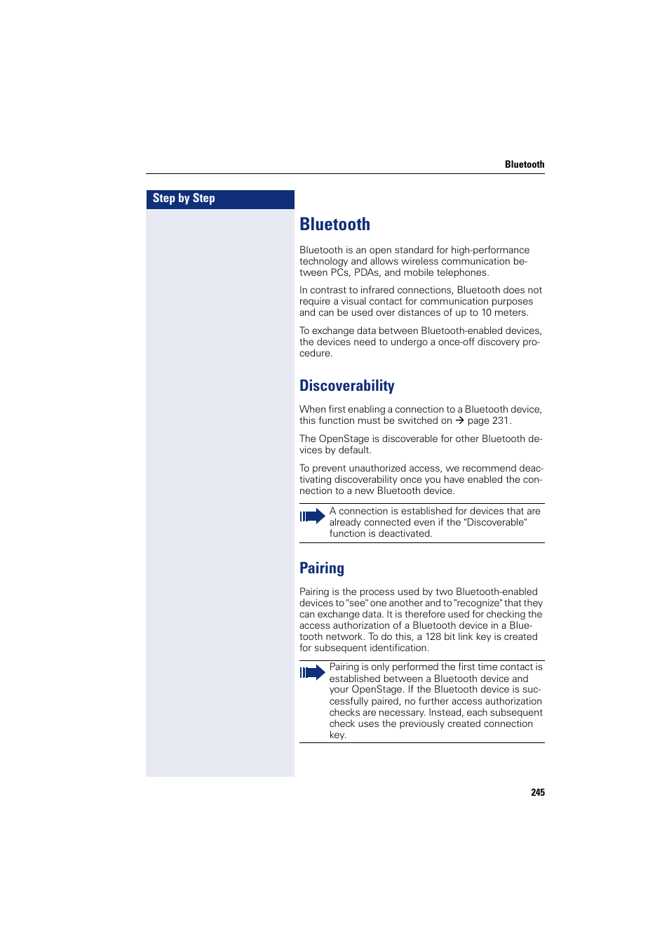 Bluetooth, Discoverability, Pairing | Discoverability pairing | Siemens HIPATH 8000 User Manual | Page 245 / 297