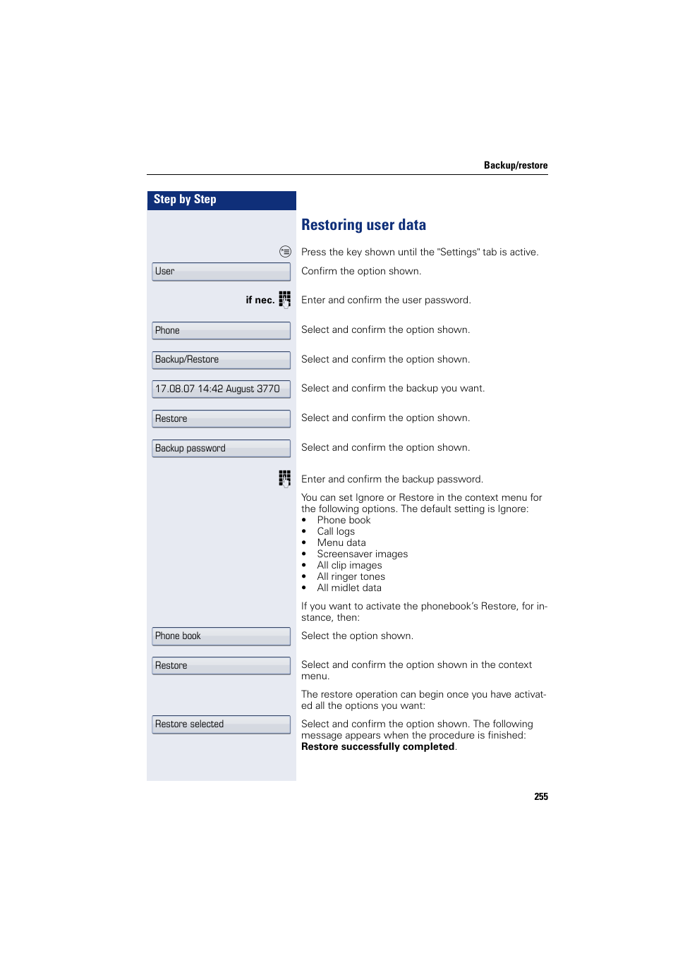 Restoring user data | Siemens HIPATH 8000 User Manual | Page 255 / 297