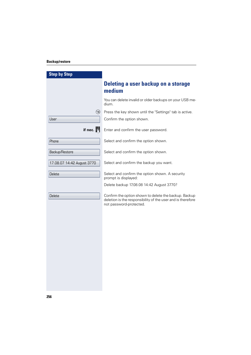 Deleting a user backup on a storage medium | Siemens HIPATH 8000 User Manual | Page 256 / 297