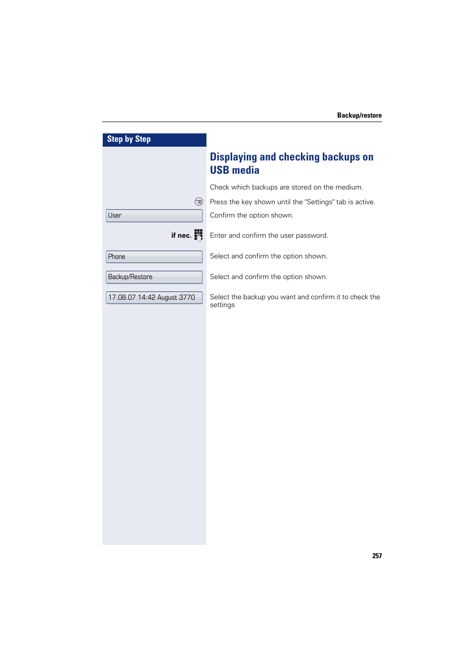 Displaying and checking backups on usb media | Siemens HIPATH 8000 User Manual | Page 257 / 297