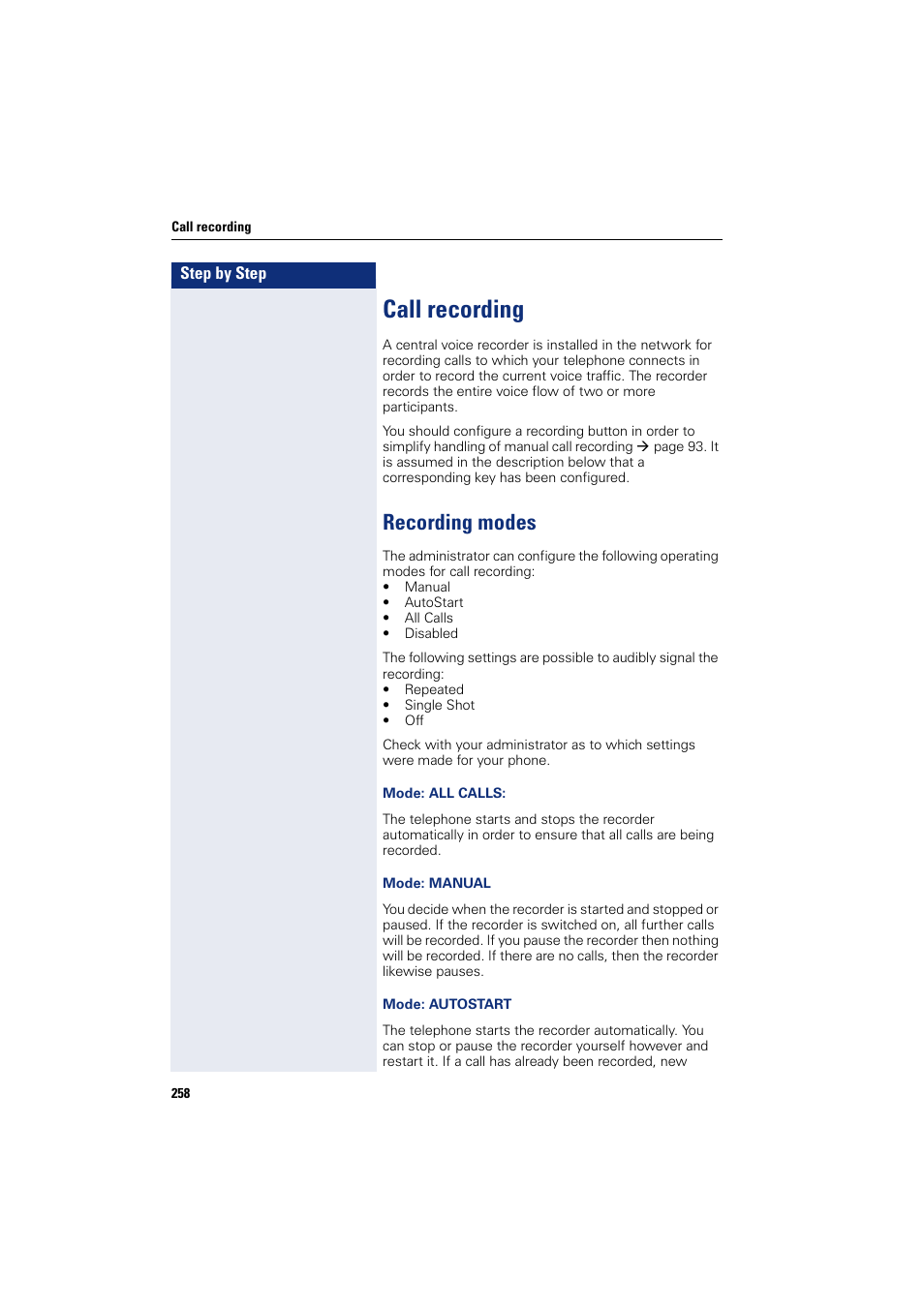 Call recording, Recording modes | Siemens HIPATH 8000 User Manual | Page 258 / 297