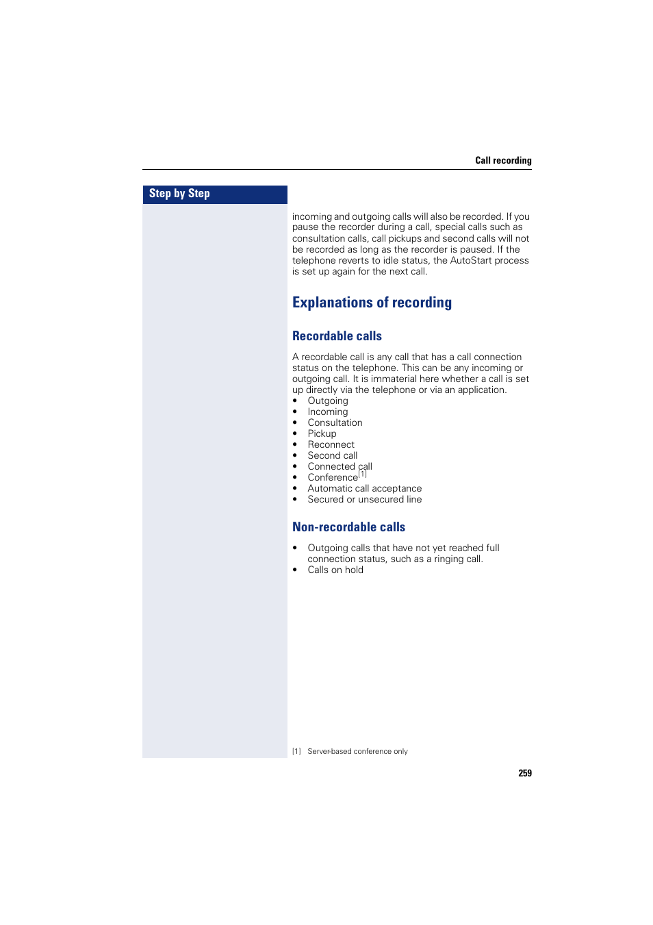 Explanations of recording, Recordable calls, Non-recordable calls | Recordable calls non-recordable calls | Siemens HIPATH 8000 User Manual | Page 259 / 297