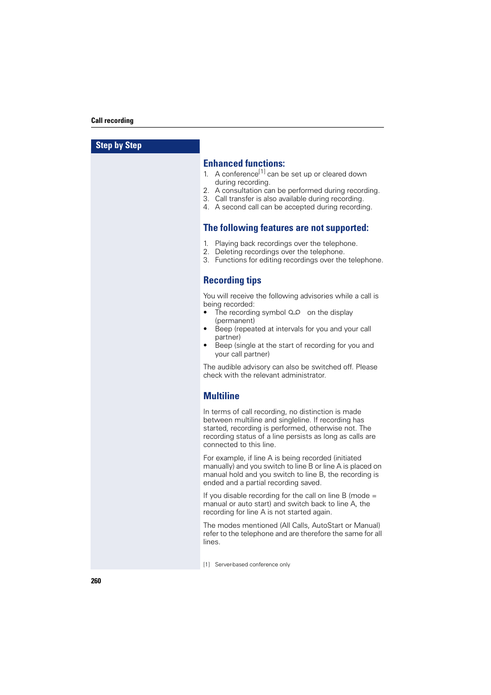 Enhanced functions, The following features are not supported, Recording tips | Multiline | Siemens HIPATH 8000 User Manual | Page 260 / 297