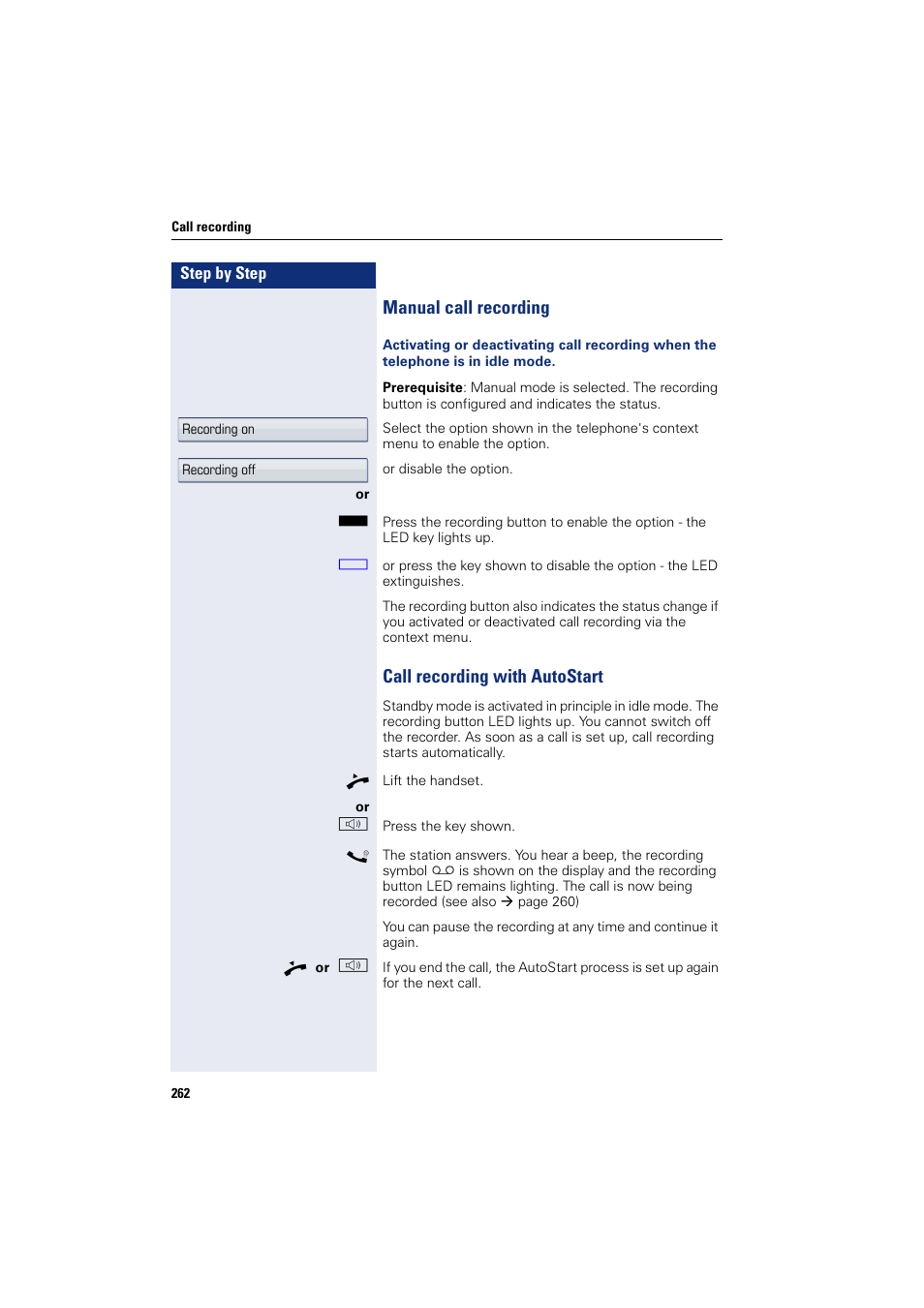 Manual call recording, Call recording with autostart | Siemens HIPATH 8000 User Manual | Page 262 / 297