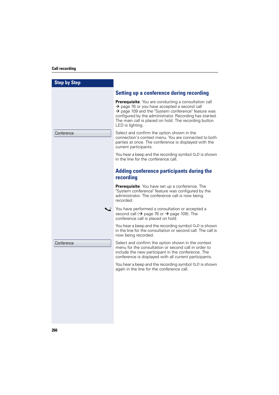 Setting up a conference during recording | Siemens HIPATH 8000 User Manual | Page 266 / 297