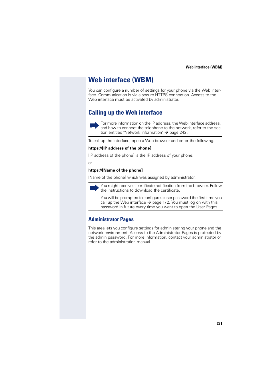 Web interface (wbm), Calling up the web interface, Administrator pages | Siemens HIPATH 8000 User Manual | Page 271 / 297