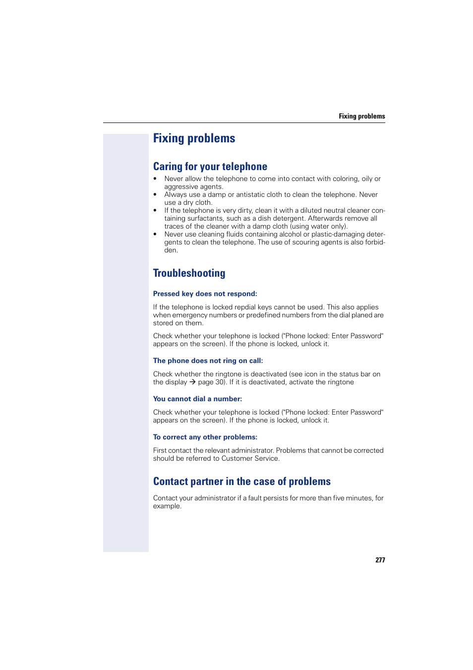 Fixing problems, Caring for your telephone, Troubleshooting | Contact partner in the case of problems | Siemens HIPATH 8000 User Manual | Page 277 / 297