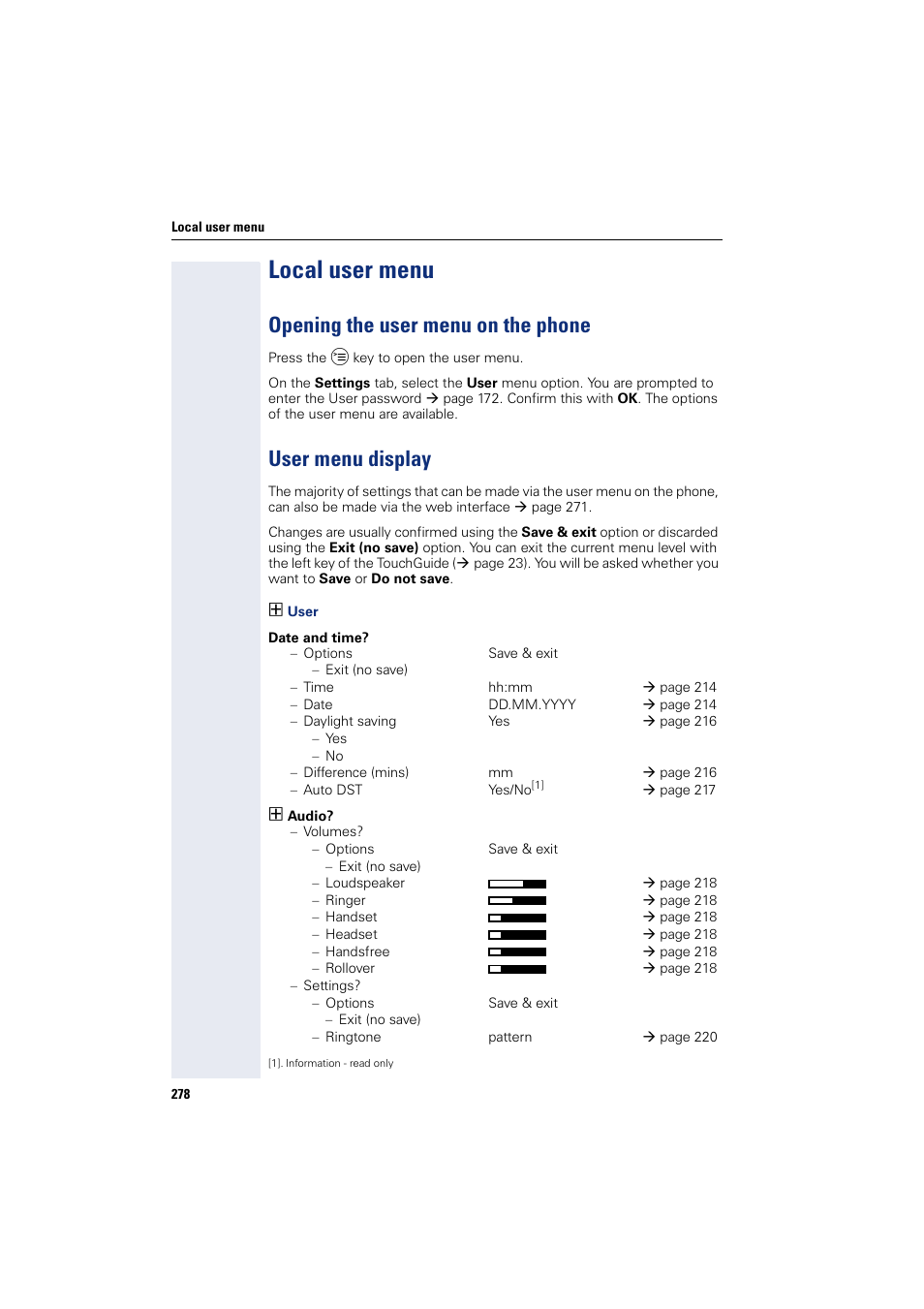 Local user menu, Opening the user menu on the phone, User menu display | Siemens HIPATH 8000 User Manual | Page 278 / 297