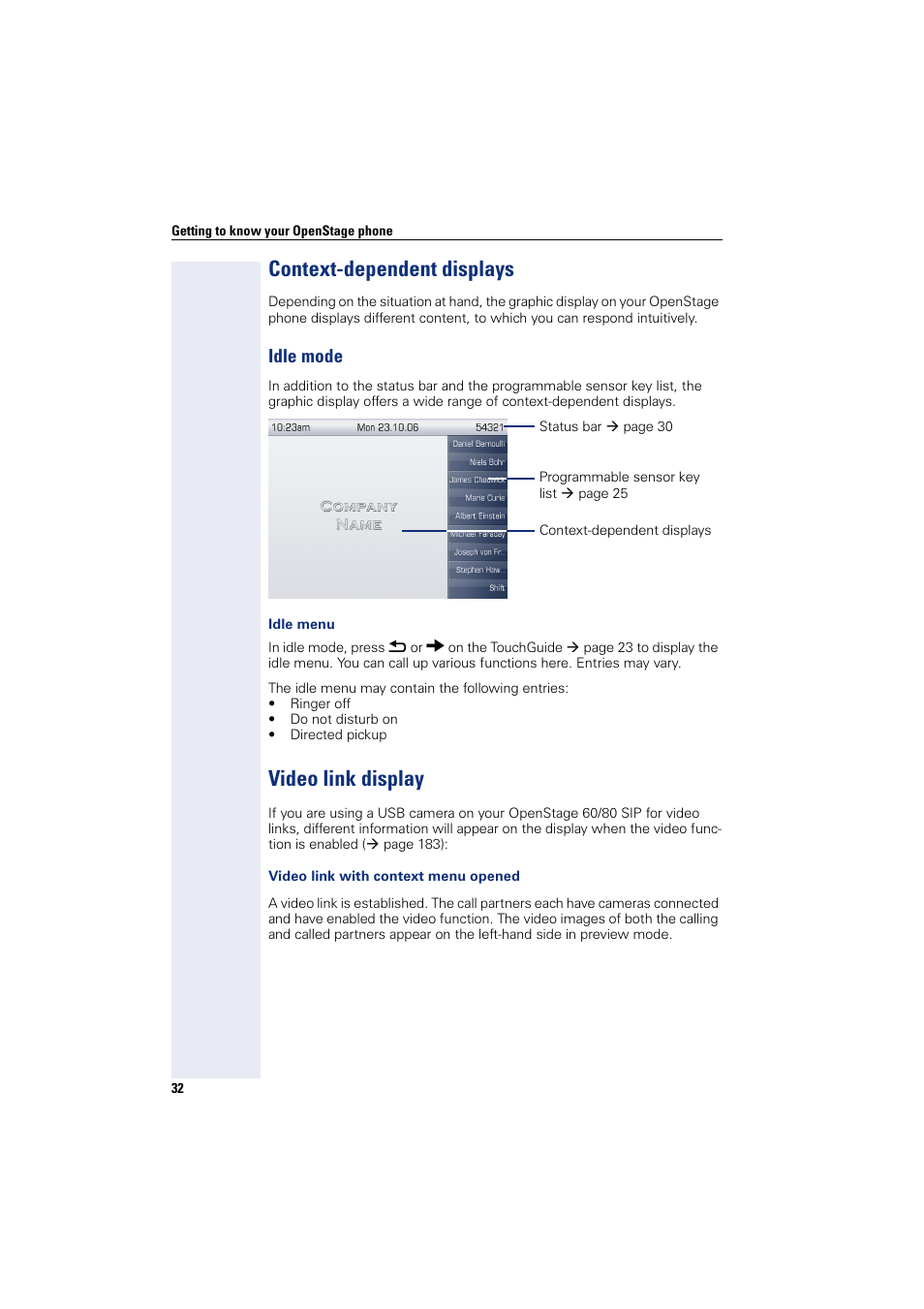 Context-dependent displays, Video link display, Idle mode | Siemens HIPATH 8000 User Manual | Page 32 / 297