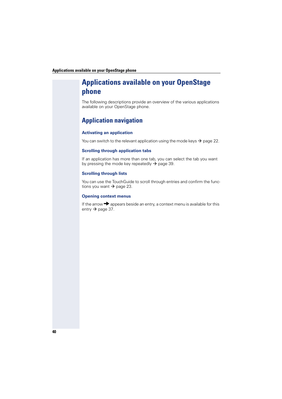 Applications available on your openstage phone, Application navigation, Applications available on your openstage phone 40 | Siemens HIPATH 8000 User Manual | Page 40 / 297