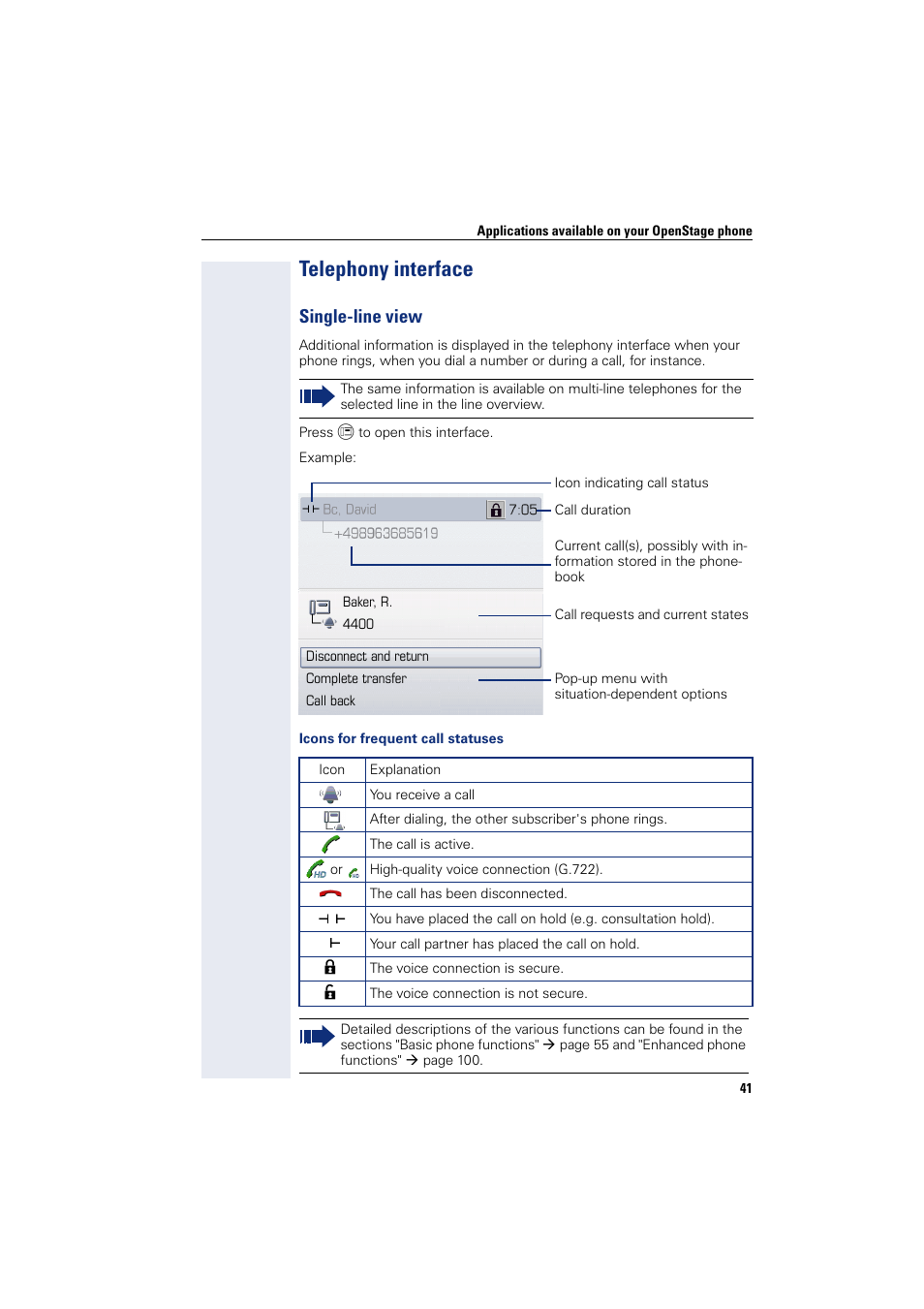 Telephony interface, Single-line view | Siemens HIPATH 8000 User Manual | Page 41 / 297