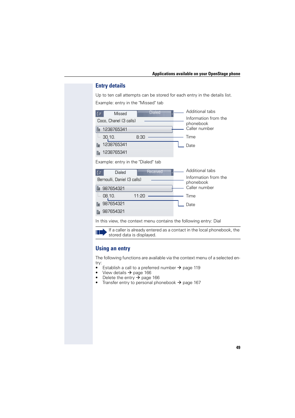 Entry details, Using an entry, Entry details using an entry | Siemens HIPATH 8000 User Manual | Page 49 / 297