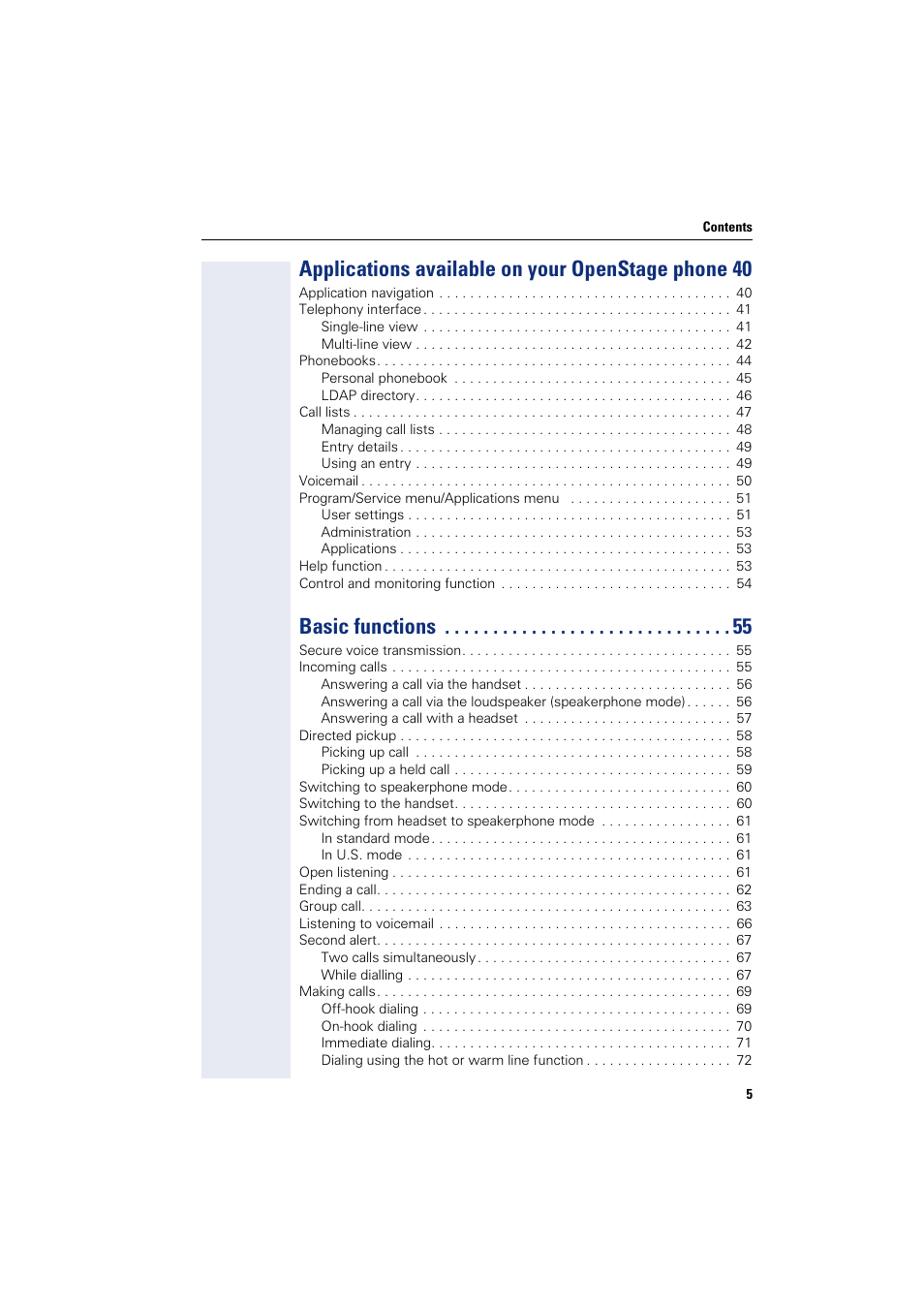 Applications available on your openstage phone 40, Basic functions | Siemens HIPATH 8000 User Manual | Page 5 / 297