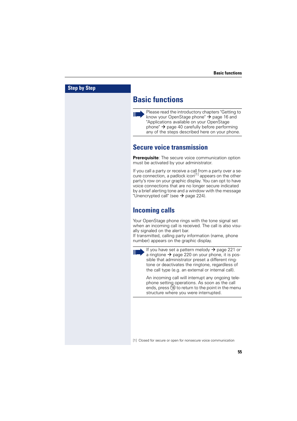 Basic functions, Secure voice transmission, Incoming calls | Secure voice transmission incoming calls | Siemens HIPATH 8000 User Manual | Page 55 / 297