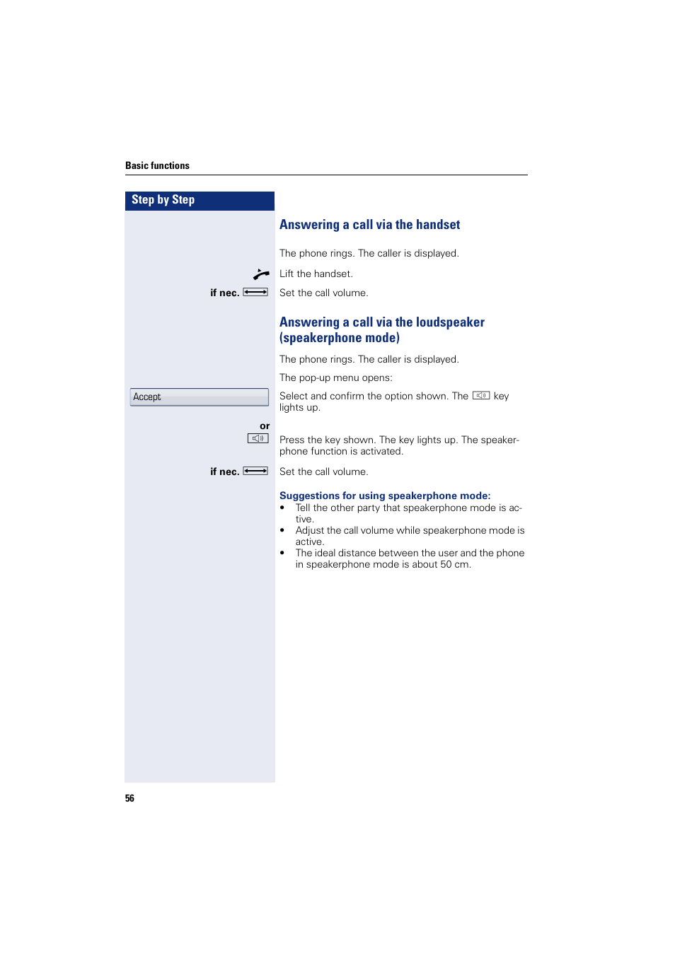 Answering a call via the handset | Siemens HIPATH 8000 User Manual | Page 56 / 297