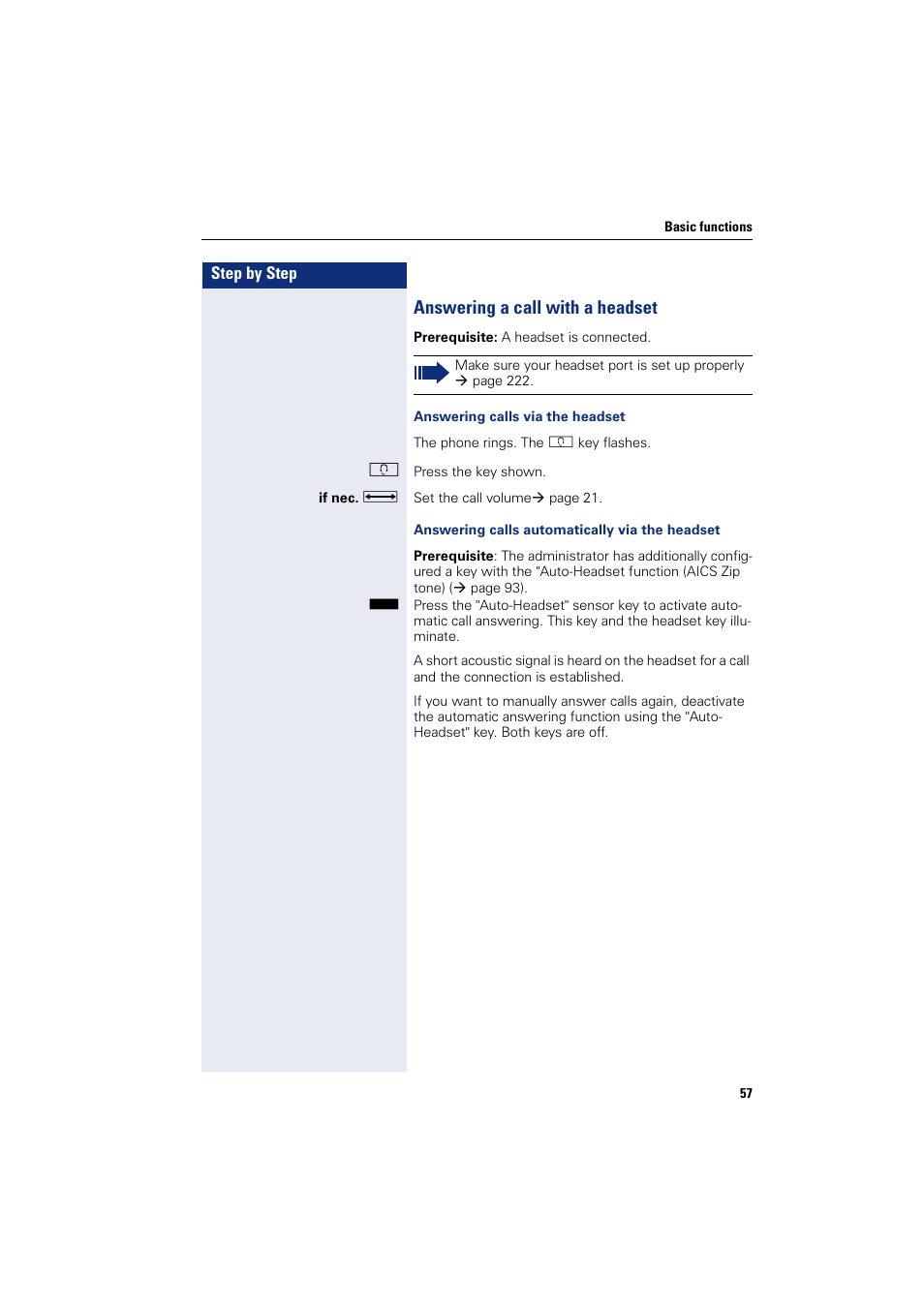 Answering a call with a headset, Ate headset | Siemens HIPATH 8000 User Manual | Page 57 / 297