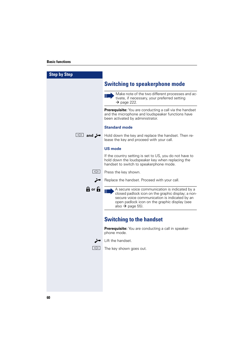 Switching to speakerphone mode, Switching to the handset | Siemens HIPATH 8000 User Manual | Page 60 / 297