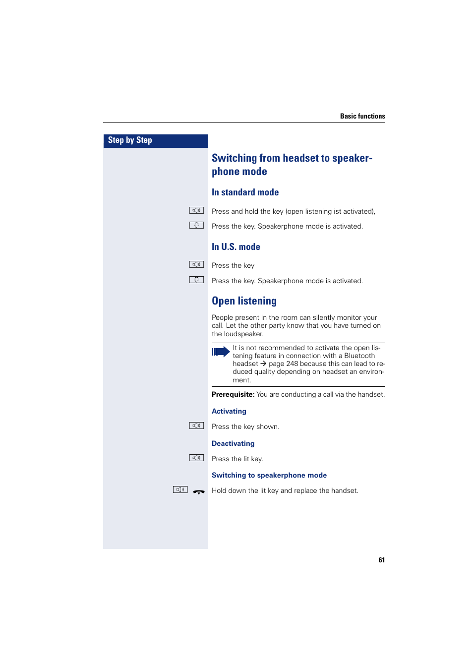 Switching from headset to speakerphone mode, In standard mode, In u.s. mode | Open listening, In standard mode in u.s. mode, Switching from headset to speaker- phone mode | Siemens HIPATH 8000 User Manual | Page 61 / 297