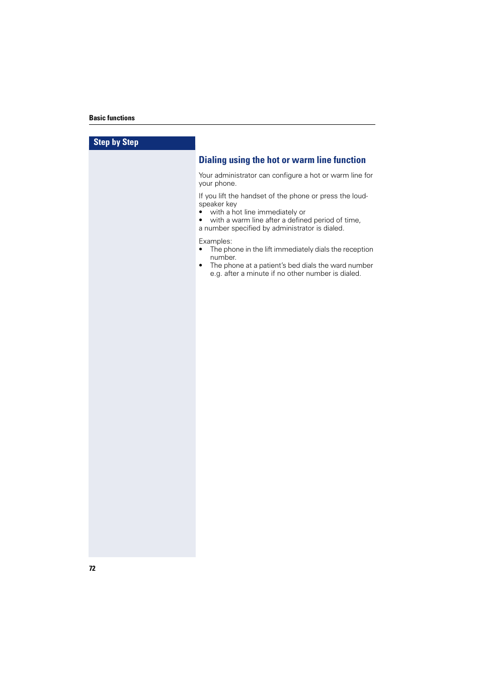 Dialing using the hot or warm line function | Siemens HIPATH 8000 User Manual | Page 72 / 297