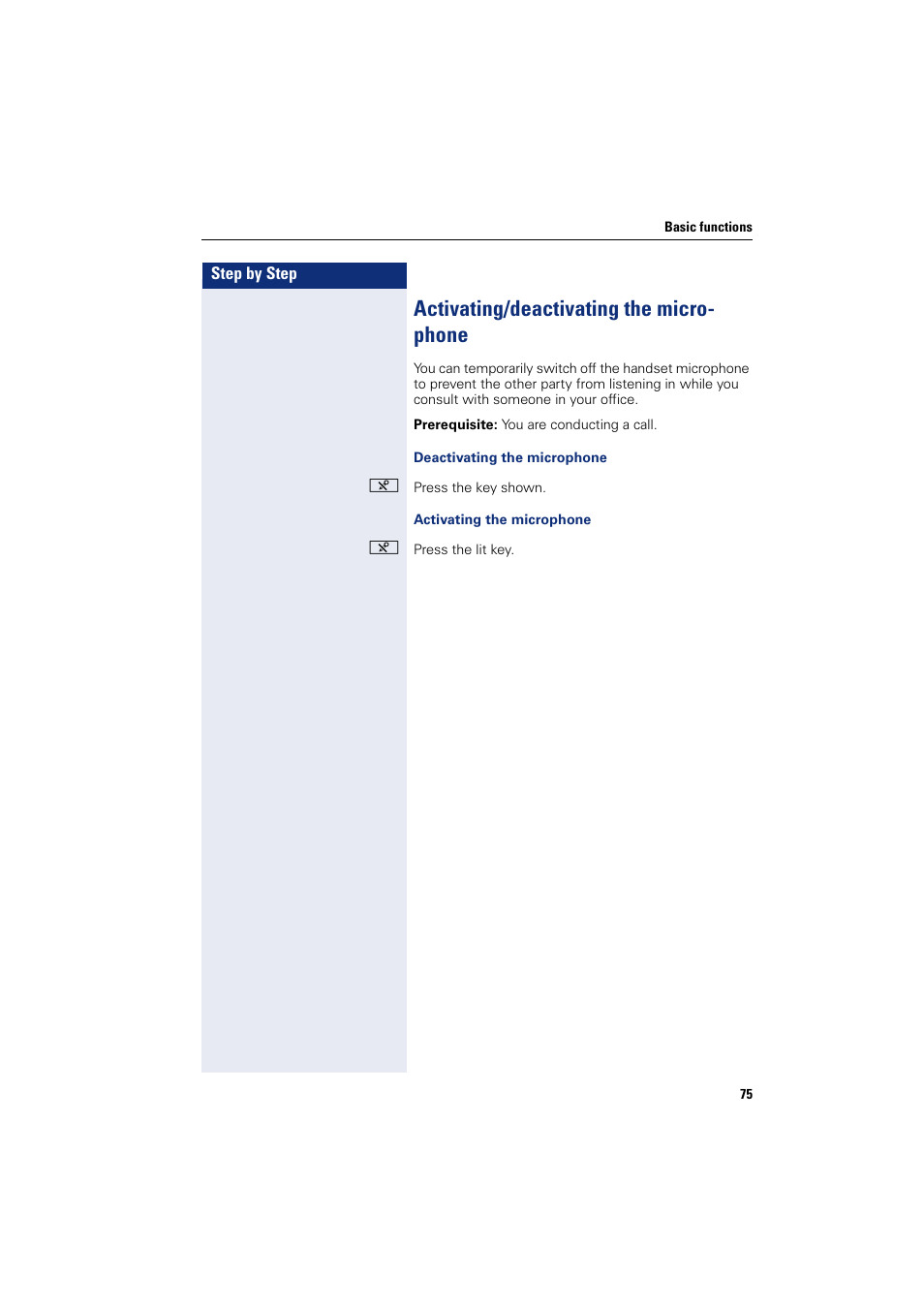 Activating/deactivating the microphone, Activating/deactivating the micro- phone | Siemens HIPATH 8000 User Manual | Page 75 / 297