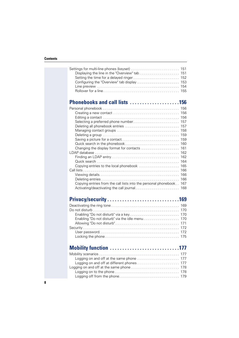 Phonebooks and call lists, Privacy/security, Mobility function | Siemens HIPATH 8000 User Manual | Page 8 / 297